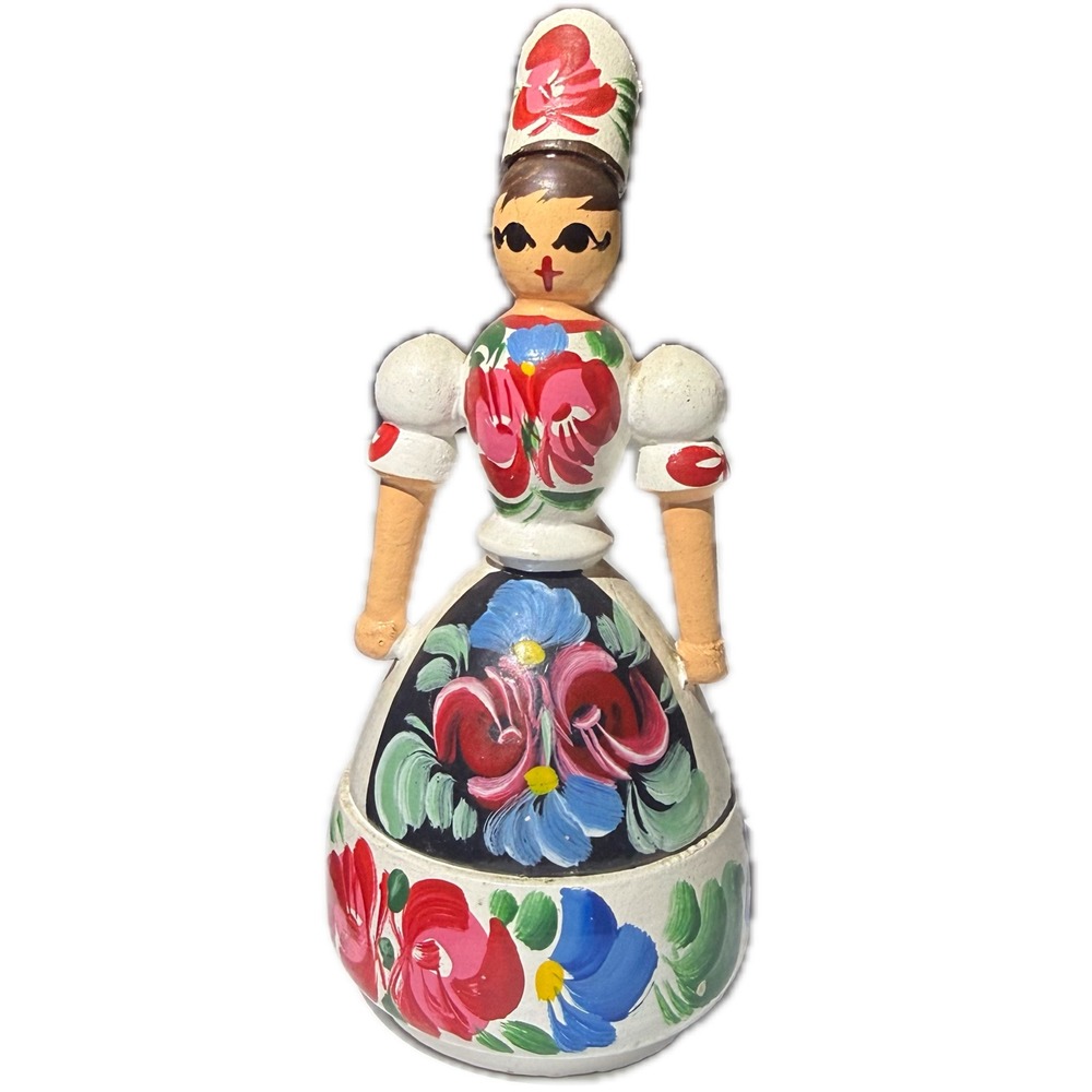 Vtg Hungarian Folk Art Wooden Doll Trinket Box HandPainted Traditional Costume